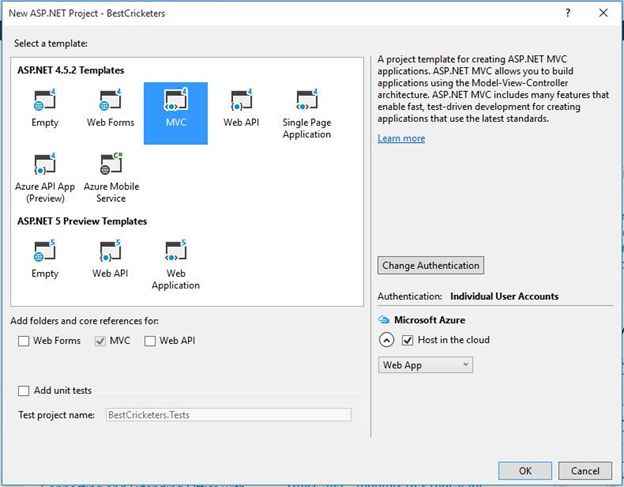 Selecting MVC Project Template